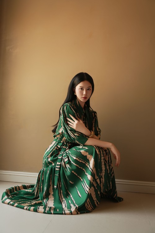 Sixdo Green Silk Flared Dress